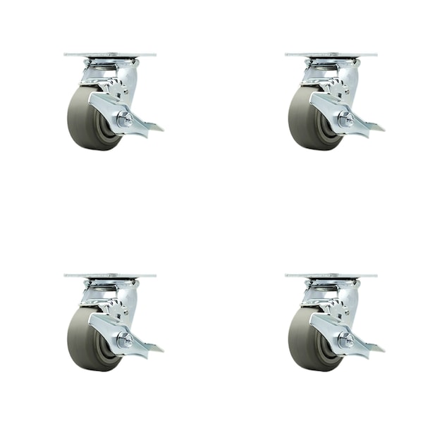 4 Inch Thermoplastic Rubber Swivel Caster Set with Ball Bearings and Brakes SCC